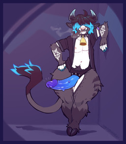 alternative_fashion anthro brown_body brown_fur cigarette cigarette_in_mouth clothed clothing collar dildo emo fur hair hair_over_eyes hooves horn jacket male nipples object_in_mouth open_clothing open_jacket open_topwear purple_background sex_toy shortstack simple_background smoking smoking_cigarette solo standing strapon tail tail_tuft thick_thighs topwear tuft sinisterheaven bovid bovine cattle mammal