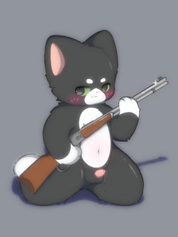 anthro balls blush blush_lines flirting_look genitals green_eyes gun male male/male ranged_weapon small_balls solo weapon young rileypeyton domestic_cat felid feline felis mammal tuxedo_cat 3:4 absurd_res hi_res
