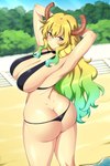 bent_over big_breasts big_butt bikini bikini_thong blonde_hair breast_rest breasts butt clothing female hair horn looking_at_viewer looking_back not_furry smile solo swimwear thick_thighs two-piece_swimsuit water y_shaped_butt_crack lindaroze_(artist) miss_kobayashi's_dragon_maid quetzalcoatl_(dragon_maid) horned_humanoid humanoid 2:3 digital_media_(artwork) hi_res