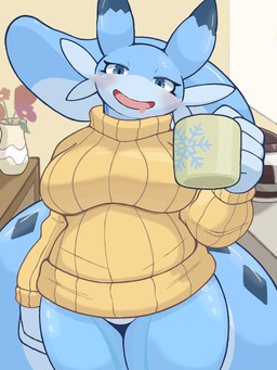 4_fingers anthro anthrofied bent_arm big_breasts big_tail biped blue_body blue_ear_tips blue_eyes blue_markings blush blush_lines bottomless bottomless_anthro bottomless_female breasts clothed clothed_anthro clothed_female clothing container cup detailed_background dipstick_ears ear_markings eyelashes facial_tuft featureless_crotch female female_anthro fingers flower front_view furniture glistening glistening_eyes half-closed_eyes holding_container holding_cup holding_mug holding_object huge_tail inside looking_at_viewer markings mug multicolored_body multicolored_ears narrowed_eyes noseless open_mouth open_smile palmorph plant pupils smile smiling_at_viewer solo standing sweater table tail tail_markings thick_thighs topwear tuft turtleneck two_tone_body two_tone_ears vase white_sclera wide_hips yellow_clothing yellow_sweater yellow_topwear demolife3 palworld pocketpair chillet mammal pal_(species) 2024 3:4 aliasing binary_drawing digital_drawing_(artwork) digital_media_(artwork) hi_res portrait shaded soft_shading three-quarter_portrait