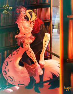 against_surface against_wall anthro big_breasts bookshelf breasts clothed clothing duo eyes_closed female female_penetrated fur furniture genitals hair heart_symbol humanoid_genitalia humanoid_penis humanoid_vulva library looking_pleasured male male/female male_penetrating male_penetrating_female master nipples open_mouth penetration penile penile_penetration penis penis_in_vagina plantigrade sex standing tongue tongue_out vaginal vaginal_penetration vulva leonifa felid feline felis mammal 2018 digital_media_(artwork) hi_res