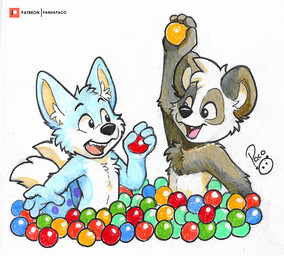 anthro ball black_nose blue_body blue_fur cheek_tuft chest_tuft duo facial_tuft fangs fur glistening glistening_eyes grey_body grey_fur happy holding_ball holding_object logo male open_mouth open_smile patreon_logo smile teeth tuft white_body white_fur young young_anthro young_male pandapaco patreon parinton bear canid canine giant_panda mammal artist_logo signature