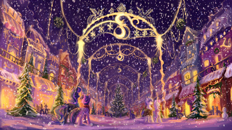 building christmas_decorations christmas_lights christmas_tree cosmic_hair cutie_mark duo ethereal_hair feathered_wings feathers female hair holidays horn lights multicolored_hair outside plant pseudo_hair scarf snow snowing snowman street tree wings winter plainoasis christmas friendship_is_magic hasbro my_little_pony mythology princess_luna_(mlp) twilight_sparkle_(mlp) equid equine mammal mythological_creature mythological_equine unicorn winged_unicorn 2017 hi_res