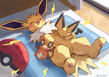 ambiguous_gender blush blush_lines electricity eyes_closed featureless_crotch feral fur group lying on_back on_rug open_mouth orange_body pawpads paws pokeball sleeping standard_pokeball tail tongue trio whiskers yellow_body yellow_fur chaco_(illustrattyako) nintendo pokemon dedenne eeveelution generation_1_pokemon generation_2_pokemon generation_6_pokemon jolteon mammal pichu pokemon_(species) rodent 2025 absurd_res hi_res signature