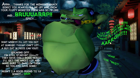 abdominal_bulge annoyed anthro black_clothing black_footwear black_shoes black_sneakers chain clothing dialogue electronics footwear gold_(metal) gold_chain green_body green_scales hands_behind_head headphones looking_pleasured male male_pred male_prey narrowed_eyes night outside public scales solo standing struggling struggling_prey text tongue tongue_out vore yellow_eyes vorefan16 sega sonic_the_hedgehog_(series) sonic_unleashed sonic_the_hedgehog sonic_the_werehog vector_the_crocodile crocodile crocodilian eulipotyphlan mammal reptile scalie werecreature wereeulipotyphlan werehog 2021 3d_(artwork) digital_media_(artwork) english_text hi_res