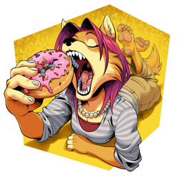 5_toes anthro barefoot claws dessert doughnut duo extreme_size_difference fangs feet female female_pred finger_claws food gem hair heel_pad humanoid_feet imminent_oral_vore imminent_vore jewelry male male_prey micro necklace oblivious pastry pawpads pearl_(gem) pearl_necklace pink_hair plantigrade plantigrade_pawpads sharp_teeth size_difference soles sprinkles teeth the_pose toe_claws toes tongue unaware_pred uvula silverscarf alem_(silverscarf) mango_(labbeh) canid canine canis ethiopian_wolf mammal wolf 2026 hi_res