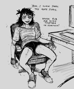 anthro bottomwear bulge chair clothing computer dialogue electronics eyewear footwear furniture glasses gynomorph hair intersex messy_hair pattern_clothing pattern_shirt pattern_topwear shirt shoes shorts slippers solo striped_clothing striped_shirt striped_topwear stripes swivel_chair table text topwear hladilnik marylin_(hladilnik) american_opossum mammal marsupial 2026 black_and_grey english_text hi_res monochrome sketch