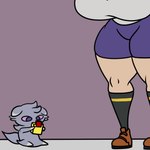 anthro big_breasts bottomwear breasts clothing console duo female footwear fur gaming grey_body grey_fur huge_breasts playing_video_game purple_eyes shoes shorts sitting socks tail thick_thighs kuge game_boy game_boy_family nintendo pokemon piku_(kuge) espurr generation_6_pokemon human mammal pokemon_(species) 1:1