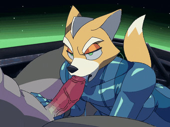 all_fours anthro anthro_on_anthro anthro_penetrated anthro_penetrating anthro_penetrating_anthro black_nose bodily_fluids clothed clothed/nude clothing cockpit crossdressing deep_throat dipstick_tail duo ears_back erection eyes_closing faceless_character faceless_male fellatio femboy frown fur genitals green_eyes grey_body grey_fur half-closed_eyes head_between_thighs humanoid_genitalia humanoid_penis leaning leaning_backward makeup male male/male male_anthro male_penetrated male_penetrating male_penetrating_male markings multicolored_body multicolored_fur narrowed_eyes nude oral oral_penetration penetration penile penile_penetration penis penis_in_mouth pivoted_ears saliva sex sit_and_blow_position sitting space spacecraft spaceship_interior submissive submissive_male tail tail_markings tail_motion tailwag three-quarter_view two_tone_body two_tone_fur vehicle vein veiny_penis yellow_body yellow_fur zero_suit hotdognsfw metroid nintendo star_fox fox_mccloud wolf_o'donnell canid canine canis fox mammal wolf 2d_animation 4:3 animated better_version_at_source