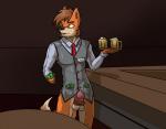 alcohol animal_genitalia animal_penis anthro balls bar beer beverage bodily_fluids bottomless canine_genitalia canine_penis clothed clothing erection fur genital_fluids genitals host inside knot male money orange_body orange_fur penis precum servant simple_background solo suit waiter yellow_eyes arrwulf canid canine fox mammal