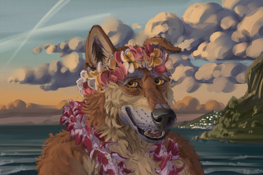 anthro brown_body brown_fur cloud detailed_background elderly elderly_anthro elderly_male fur lei male male_anthro multicolored_body multicolored_fur open_mouth orange_eyes sea sky solo sunset tan_body tan_fur water whiskers kaltag1925 canid canine canis mammal wolf 3:2 bust_portrait digital_media_(artwork) digital_painting_(artwork) hi_res painting_(artwork) portrait