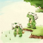ambiguous_gender anthro black_eyes claws duo fangs grass green_body green_scales hair markings plant scales smile teeth tree water white_hair yellow_sclera kinakomocheeni asian_mythology east_asian_mythology japanese_mythology mythology sakuna:_of_rice_and_ruin kappa kappa_(sakuna:_of_rice_and_ruin) yokai 1:1