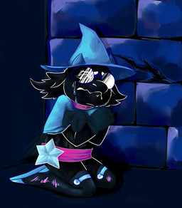 alternate_universe belt black_body black_fur bodily_fluids boots clothing collar eyewear fluffy footwear fur glasses hat headgear headwear horn sad shawl shoes solo tears shurabibertush_(artist) deltarune deltaswap undertale_(series) ralsei bovid caprine darkner goat mammal