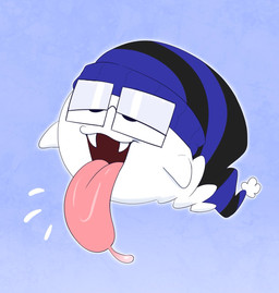 ambiguous_gender big_tongue black_clothing black_hat black_headwear blue_background blue_clothing blue_hat blue_headwear bodily_fluids clothing drooling eyewear fangs floating glasses half-closed_eyes hat headgear headwear narrowed_eyes not_furry open_mouth pink_tongue saliva simple_background solo stub teeth tongue tongue_out white_body jinu mario_bros nintendo jinu_(character) boo_(mario) ghost spirit 2020 digital_drawing_(artwork) digital_media_(artwork) hi_res