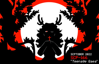 antlers aureola circle_background cross deer_ears female front_view hair holding_cross holding_object horn inner_ear_fluff long_hair looking_at_object one_eye_closed plant pupils red_background red_eyes red_sky red_text silhouette simple_background sky solo sun text tuft vines white_background white_pupils white_text destinyweb scp_foundation scptober scp-166 animal_humanoid deer deer_humanoid faun humanoid mammal mammal_humanoid 2022 black_and_white_and_red dated english_description english_text hi_res