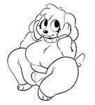 anthro big_breasts bottomwear breasts bulge clothing gynomorph hand_on_face intersex pants sitting smile solo sweater topwear anaugi roxy_(pongodecky) beagle canid canine canis domestic_dog hunting_dog mammal scent_hound hi_res monochrome