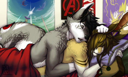 anthro bed cuddling duo eyes_closed fur furniture hug male male/male master_sword melee_weapon open_mouth poster romantic romantic_ambiance romantic_couple sleeping sword weapon kisagi nintendo pokemon the_legend_of_zelda kisagi_(character) canid canine canis eeveelution generation_1_pokemon hare jolteon lagomorph leporid mammal pokemon_(species) wolf