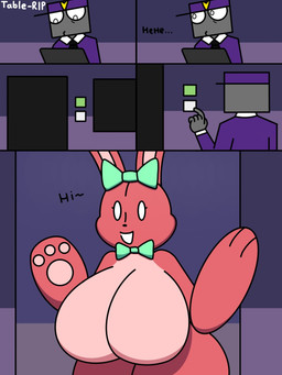against_door against_surface anthro big_breasts black_necktie bow_tie breasts clothing curvy_figure dialogue door duo female green_bow green_bow_tie grey_body hat headgear headwear huge_breasts male multicolored_body necktie pawpads purple_clothing purple_hat purple_headwear purple_shirt purple_topwear red_body shirt smile text thick_thighs topwear two_tone_body white_eyes wide_hips table-rip lovedoll_toy_factory hoppi_(gremlingrounded) nightguard_(gremlingrounded) animate_inanimate humanoid lagomorph leporid mammal rabbit 2026 3:4 artist_name comic digital_drawing_(artwork) digital_media_(artwork) english_text hi_res