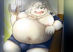 anthro belly big_belly big_moobs blush bodily_fluids bottomwear bulge clothing eyewear glasses jinbei_(clothing) kemono male moobs nipples overweight overweight_male shorts solo sweat yanununununu bear mammal polar_bear ursine 2023 absurd_res hi_res