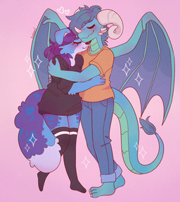 3_horns 3_toes 4_fingers anthro bangs bent_arm bent_leg black_clothing black_dress black_legwear black_nose black_stockings black_thigh_highs blue_body blue_bottomwear blue_clothing blue_eyebrows blue_fur blue_hair blue_membrane blue_pants blue_tail blue_tail_tuft blue_wings blush blush_lines bottomwear breasts cheek_spikes cheek_tuft claws closed_smile clothed clothed_anthro clothed_female clothed_male clothing curled_horn dipstick_tail dress duo eyebrow_through_hair eyebrows eyelashes facial_horn facial_spikes facial_tuft feet female fingers floppy_ears fluffy fluffy_tail fully_clothed fully_clothed_anthro fully_clothed_male fur hair heart_symbol horn hug hugging_another larger_anthro larger_male legwear light long_hair long_tail love male male/female markings membrane_(anatomy) membranous_wings mouth_closed multi_horn multicolored_body multicolored_fur multicolored_scales nose_horn orange_clothing orange_shirt orange_topwear pants pink_background pockets scales shirt short_hair simple_background size_difference smaller_anthro smaller_female smile sparkles spikes spikes_(anatomy) standing stockings tail tail_markings tail_tuft teal_body teal_scales teal_tail text thigh_highs toe_claws toes topwear translucent translucent_hair tuft two_tone_body two_tone_scales two_tone_tail white_body white_claws white_fur white_horn white_inner_ear white_spikes white_tail_tip wing_claws wings suzeart european_mythology mythology condyrr nova_(madgirlswitch) australian_shepherd canid canine canis domestic_dog dragon herding_dog mammal mythological_creature mythological_scalie pastoral_dog scalie sheepdog western_dragon winged_dragon 2024 artist_name colored digital_drawing_(artwork) digital_media_(artwork) english_description hi_res lighting shaded
