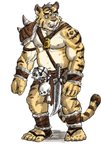 anthro belly bottomwear clothing fur humanoid_hands kemono loincloth male nipples simple_background slightly_chubby solo weapon white_background yellow_body yellow_fur kounfuyu felid mammal pantherine tiger hi_res