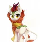 butt female feral looking_at_viewer scarf simple_background smile solo white_background confetticakez asian_mythology chinese_mythology east_asian_mythology friendship_is_magic hasbro my_little_pony mythology autumn_blaze_(mlp) dragon kirin mythological_creature mythological_scalie scalie 2019 hi_res