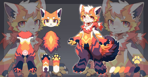 4_fingers anthro biped chest_tuft fingers fluffy fluffy_tail fur kemono looking_at_viewer male multicolored_body multicolored_fur orange_body orange_fur pawpads paws red_body red_fur solo tail tuft white_body white_fur yellow_eyes hlg7777 2025 cel_shading chinese_description digital_drawing_(artwork) digital_media_(artwork) english_description full-length_portrait model_sheet portrait shaded