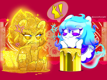 angry anthro arm_support blonde_hair blue_body blue_eyes blue_hair clenched_teeth closed_smile clothed clothed_anthro clothed_female clothing cross-popping_vein dress duo exclamation_point eye_contact eyebrows eyelashes female fist fur gold_boots gold_jacket gold_mittens gold_shirt golden_clothing hair handwear happy leaning_on_elbow legless light long_ears long_hair looking_at_another melee_weapon mittens mouth_closed narrowed_eyes noseless paint_bucket purple_clothing purple_dress purple_eyes red_background shirt short_hair simple_background sitting smile smiling_at_another sparkles speech_bubble spiky_hair squint sword tan_inner_ear teeth text thick_eyebrows topwear torn_clothing torn_shirt torn_topwear translucent translucent_body weapon white_body white_fur yellow_body yellow_fur jooniethenight chinese_zodiac mario_bros mario_plus_rabbids_sparks_of_hope nintendo raving_rabbids rayman_(series) ubisoft year_of_the_rabbit edge_(mario_plus_rabbids) midnite_(mario_plus_rabbids) ghost hybrid lagomorph mammal rabbid spirit 2023 4:3 artist_name colored crossover digital_drawing_(artwork) digital_media_(artwork) english_description lighting shaded