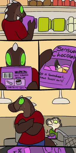anthro green_eyes inside male store text trout_(artist) baryonyx dinosaur oviraptor oviraptorid oviraptorosaur prehistoric_species reptile saurischian scalie spinosaurid theropod 2016 absurd_res aliasing comic digital_media_(artwork) english_text hi_res