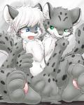 black_spots blue_eyes blush crotch_grab duo fluffy fur green_eyes grey_body grey_fur grope hair hand_on_chest inner_ear_fluff male male/male nude open_mouth pawpads pink_pawpads simple_background smile spots spread_legs spreading tongue tuft white_hair mikami changed_(video_game) leopard_(changed) lin_(changed) felid goo_creature mammal monster pantherine snow_leopard 2018 4:5 hi_res