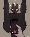 ambiguous_gender anthro black_body black_fur black_nose blep bodily_fluids breasts butt cellphone chest_tuft closed_smile duo electronics exclamation_point female female_anthro fingernails fingers first_person_view fur genitals grey_background holding_cellphone holding_object holding_phone holding_smartphone legs_up lying monotone_body monotone_fur mouth_closed nails nude nude_anthro nude_female on_back open_mouth phone presenting pupils purple_tongue pussy questionable_consent recording sharp_fingernails sharp_nails simple_background slit_pupils smartphone smile solo_focus surprise sweat sweaty_face text tongue tongue_out tuft wide_eyed yellow_eyes katla_(artist) ambiguous_species domestic_cat felid feline felis mammal absurd_res artist_name digital_media_(artwork) english_text hi_res