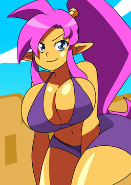 big_breasts blue_eyes bottomwear breasts building cleavage clothed clothing detailed_background female glistening glistening_breasts glistening_eyes hair hand_between_legs huge_breasts humanoid_pointy_ears legs_together looking_at_viewer navel not_furry outside pointy_ears ponytail purple_bikini_top purple_bottomwear purple_clothing purple_hair purple_shorts shorts sky smile solo orcaverde shantae_(series) wayforward shantae genie humanoid 2022 absurd_res hi_res portrait three-quarter_portrait