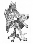 4_toes 5_fingers anthro barefoot biped bottomwear bracelet chair claws clothed clothing collar digitigrade feet fingers furniture hand_on_leg jewelry loincloth looking_down male office_chair simple_background sitting skimpy solo thinking thoughtful_expression toes topless white_background simul bruma_(rinzazen) canid canine canis ethiopian_wolf mammal wolf 2014 artist_collaboration detailed monochrome sketch traditional_media_(artwork)