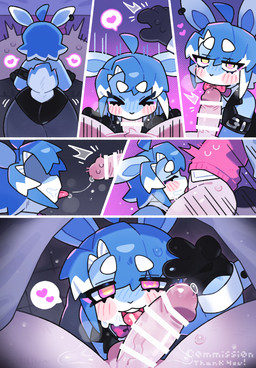 anthro black_clothing black_gloves black_handwear bodily_fluids bow_tie censored_genitalia censored_penis clothing cum cum_on_penis duo duo_focus excited femboy feral genital_fluids genitals gloves group handwear in_heat love male male/male penis pink_bow_tie nan_014ne fan_character lagomorph leporid mammal rabbit censored hi_res