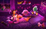 anthro bed bedroom blue_eyes bottomwear cd_player clothing electronics female fur furniture headphones lying musical_note musical_symbol on_bed orange_body orange_fur pants plant pokeball solo symbol rukifox kirby_(series) mario_bros nintendo nintendo_switch pokemon the_legend_of_zelda yumi_(yatofox) canid canine elemental_creature flora_fauna fox generation_1_pokemon green_yoshi mammal pikachu piranha_plant pokemon_(species) yoshi 14:9 hi_res