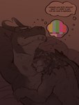 2022 2_horns absurd_res anthro anthro_on_anthro arm_scar body_hair brown_theme chest_hair cuddling digital_media_(artwork) distracted dragon duo english_text facial_hair felid hand_behind_head hand_on_side head_on_chest heart_symbol hearts_around_head hi_res horn lion lying male male/male male_on_bottom male_on_top mammal mane mythological_creature mythological_scalie mythology nipples on_another on_back on_bottom on_chest on_top orion_(xeoniios) overbite pantherine ryzz_(xeoniios) scalie scar smpte_color_bars test_card text thought_bubble underbite wingless_dragon xeoniios