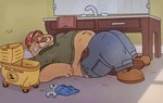 anthro belly big_belly bodily_fluids bottomwear clothing detailed_background hat headgear headwear humanoid_hands lying male overweight overweight_male pants solo sweat mrdannyloco chuy_(mayku) beaver mammal rodent 2022