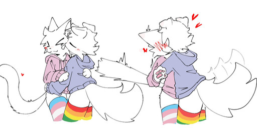 >_< anthro anthro_on_anthro blush blushing_profusely bottomless butt cheek_lick clothed clothing duo erect_tail eyes_closed face_lick fluffy fluffy_tail fur heart_symbol kissing leg_warmers legwear lgbt_pride licking long_tail male male/male male_anthro motion_lines multicolored_clothing multicolored_legwear multicolored_thigh_highs nude_anthro nude_male partially_clothed pattern_clothing pattern_legwear pattern_thigh_highs pawpads paws pride_color_thigh_highs pride_colors rainbow_clothing rainbow_legwear rainbow_pride_colors red_heart simple_background smile striped_clothing striped_legwear striped_thigh_highs stripes sweater tail tail_motion tailwag thigh_highs tongue topwear transgender_pride_colors white_background white_body white_fur white_tail white_tongue x3 sillypuffypaw silly_cat_(mauzymice) domestic_cat felid feline felis mammal 2025 digital_media_(artwork) hi_res