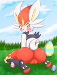 anthro anus balls blush butt cloud easter_egg egg embarrassed feet fur genitals grass holidays looking_back male outside plant rear_view sitting sky solo tail white_body white_fur moonabloom easter nintendo pokemon cinderace generation_8_pokemon lagomorph leporid mammal pokemon_(species) rabbit absurd_res hi_res