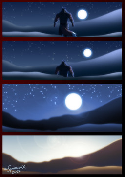 anthro armor big_muscles bottomwear bracers clothing desert fur hood light male moon morning multicolored_body multicolored_fur muscular muscular_anthro muscular_male red_body red_fur sand sky solo star starry_sky sun sunlight topwear transition two_tone_body two_tone_fur white_body white_fur xxsparcoxx acarius_medjay teofacio_larna canid canine fox mammal red_fox true_fox 2023 comic digital_media_(artwork) hi_res