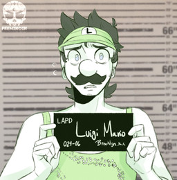 5_fingers arms_bent black_eyebrows black_facial_hair black_mustache blue_eyes blurred_background bodily_fluids chart clothed clothed_human clothed_male clothing ear_piercing ear_ring eyebrows facial_hair fingers frown frowning_at_viewer goatee green_clothing green_headwear green_shirt green_tank_top green_topwear green_visor green_visor_cap grey_hair hair hat headgear headwear height_chart holding_object holding_sign hoop_ear_ring human_only inside logo looking_at_viewer male male_human mustache nervous nervous_sweat no_pupils not_furry number open_frown open_mouth piercing ring_piercing shirt short_hair sign stubble sweat sweatdrop tank_top text topwear visor_cap white_body white_skin worried_look feeniroir barbie_(film) barbie_and_ken_mugshot_meme mario_bros nintendo luigi human mammal 2023 artist_logo artist_name bust_portrait character_name digital_drawing_(artwork) digital_media_(artwork) english_description hi_res meme partially_colored portrait shaded