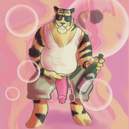 alcohol_bottle anthro beverage_bottle bottle bubble clothing container eyewear genitals holding_penis humanoid_genitalia humanoid_penis leering male overweight overweight_male penis shaking_penis shirt solo sunglasses tank_top topwear yearofthesnitch yu-gi-oh! dizzy_tiger duel_monster felid mammal pantherine tiger 1:1 hi_res