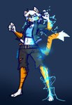 anthro black_bottomwear black_clothing black_jacket black_shorts black_topwear blue_clothing blue_eyes blue_shirt blue_topwear bottomwear clothing crop_top dipstick_ears dipstick_tail ear_markings electricity electricity_manipulation elemental_manipulation facial_scar female fur glowing glowing_eyes glowing_scar hair jacket looking_at_viewer markings midriff multicolored_ears multicolored_hair orange_body orange_fur scar shirt shorts solo stripes tail tail_markings topwear torn_bottomwear torn_clothing torn_shorts white_body white_fur mewgle blaise_(mewgle) felid mammal pantherine tiger 2021 artist_name digital_media_(artwork) hi_res