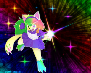 anthro bottomwear clothed clothing crown crystal_armor drill_curls fangs female green_eyes green_hair hair headgear long_hair looking_at_viewer rainbow_colors skirt solo sparks tail teeth tiara yellow_body alicemoon(chickenboobs) copy_kitty boki_lamira animal_humanoid cat_humanoid domestic_cat felid felid_humanoid feline feline_humanoid felis humanoid mammal mammal_humanoid absurd_res digital_media_(artwork) hi_res