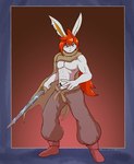 abs anthro biceps bottomwear cape clothing footwear grey_body hair male melee_weapon notched_ear pants red_eyes red_hair solo sword tattoo weapon bullelewds nintendo pokemon hazby_o'neil cinderace generation_8_pokemon pokemon_(species) hi_res