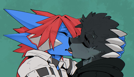 anthro biped black_body black_fur blue_body blush clothed clothing duo eyes_closed fingers french_kissing fur green_background grey_body grey_fur hair kissing male male/male multicolored_body multicolored_fur red_hair simple_background standing sweater tongue tongue_out topwear white_body goonie-san mythology goon_(goonie_san) rakuo canid canine canis domestic_dog dragon mammal mythological_creature mythological_scalie scalie hi_res