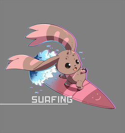 anthro black_eyes brown_background brown_body brown_fur chibi fur horn long_ears simple_background solo surfboard surfing water op7804620 bandai_namco digimon digimon_(species) lopmon