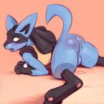 1:1 2019 all_fours anthro backsack balls biped black_body black_fur blue_balls blue_body blue_fur blush bodily_fluids butt canid eracin fur generation_4_pokemon genitals hand_spike hi_res looking_back lucario lying male mammal nintendo nude on_front pawpads pink_pawpads pokemon pokemon_(species) raised_tail rear_view red_eyes simple_background solo spikes spikes_(anatomy) sweat tail yellow_body yellow_fur
