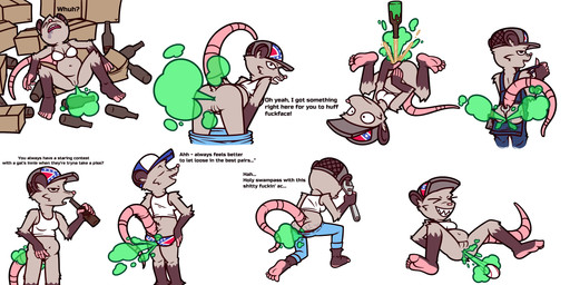 alcohol alcohol_enema anal anal_launching anal_penetration angry annoyed anthro anus ball_in_ass barefoot baseball beer beer_bottle belly belly_overhang beverage black_body black_ears black_eyes black_fur blue_baseball_cap blue_bottomwear blue_clothing blue_jeans blue_pants blue_suspenders bodily_fluids boofing bottle bottle_in_ass bottle_insertion bottomless bottomwear bottomwear_down box bra bra_only breasts butt butt_cleavage butt_clench butt_flap cardboard cardboard_box casual_exposure cleavage clenching_butt clothed clothing confederate_flag confederate_flag_clothing confederate_states_of_america container covering covering_crotch covering_vulva denim denim_bottomwear denim_clothing dialogue drooling empty_bottle eyes_closed fart fart_cloud farting_at_viewer feet female female_farting fur genitals green_fart_cloud grey_baseball_cap grey_body grey_fur high-angle_view insult insulting_viewer jeans kneeling leaning leaning_forward looking_back lying mooning motion_lines muffin_top multicolored_body multicolored_fur navel object_between_buttocks offscreen_character on_back open_mouth panties pants pants_down pantsless partially_clothed penetration pink_fingers pink_nose pink_tail pink_toes profanity raised_tail rear_view saliva sharp_teeth shirt simple_background sleeping soles solo spread_legs spreading surprised suspenders sweat sweatdrop sweaty_butt tail talking_to_another talking_to_viewer tank_top teeth text tools toothy_grin topwear two_tone_body two_tone_fur underwear underwear_only upside_down vulva whiskers white_background white_bra white_clothing white_shirt white_tank_top white_topwear white_underwear wrench smokey_the_menish american_opossum mammal marsupial 2026 2:1 absurd_res english_text hi_res multiple_images