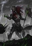 abs armor bared_teeth black_claws blood blood_on_hand bodily_fluids claws cloud colored_blood depth_of_field detailed_background dreadlocks electricity front_view gore green_blood hair head_on_stake holding_melee_weapon holding_object holding_polearm holding_spear holding_weapon impalement lightning male male_humanoid mandibles melee_weapon muscular muscular_male not_furry open_mouth orange_eyes outside overcast pecs planted_weapon polearm pose raining red_hair severed_body_part severed_head sharp_teeth sky spear standing storm teeth unusual_blood unusual_bodily_fluids victory warrior weapon mist_xg predator_(franchise) alien alien_humanoid humanoid yautja 2017 detailed digital_media_(artwork) digital_painting_(artwork) full-length_portrait hi_res portrait spot_color